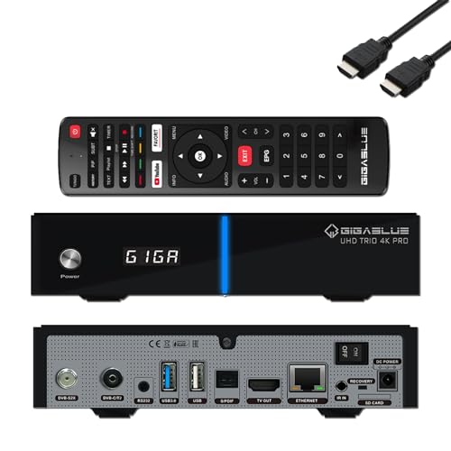 GigaBlue UHD Trio 4K PRO - 1xDVB-S2X MS + 1xDVB-C/T2 Combo-Receiver für Sat, Kabel/T2 Signal, E2 Linux TV Smart TV Box, Media Wiedergabe, PVR Funktion, 1200Mbps WiFi, HTS e-com HDMI-Kabel