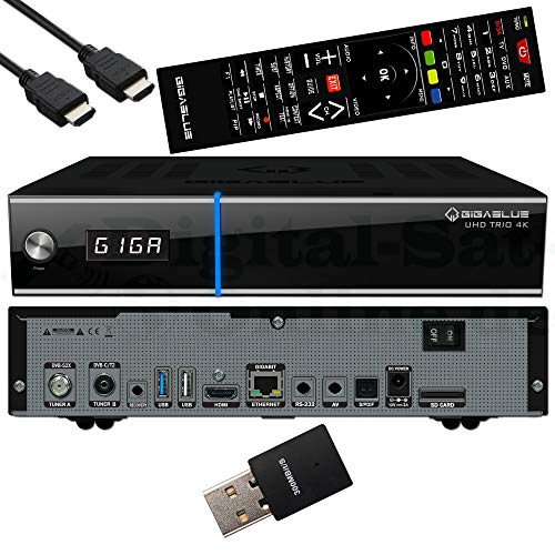 GigaBlue UHD Trio 4K - Combo-Receiver für Satellit, Kabel und terrestrische Signal - E2 Linux TV Smart TV Box und Media Player mit PVR Funktion - inklusive EasyMouse HDMI-Kabel und 300 Mbit WLAN USB