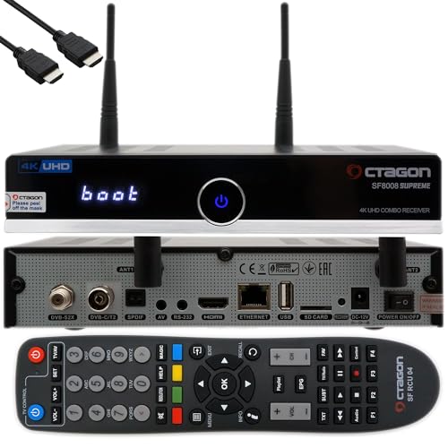 Octagon SF8008 4K Combo Supreme UHD E2 DVB-S2X &DVB-C/T2 Linux PVR Receiver mit 2.4/5G Dual-Band WiFi, M.2 Schnittstelle, 1GB RAM, 8GB Flash, H.265, USB 2.0/3.0, EasyMouse HDMI Kabel