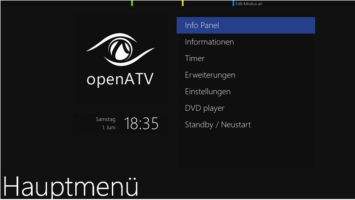 openATV Hauptmenü mit DVD-Player Option